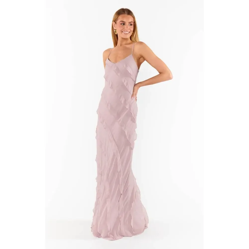 Show Me Your Mumu Romance Ruffle Dress in Neutral Mauve Chiffon XS